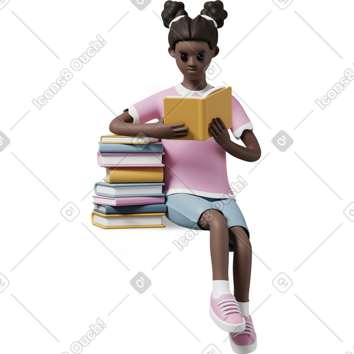 Girl sitting leaning on stack of books and reading illustration in 3D Casual life style download in PNG, SVG