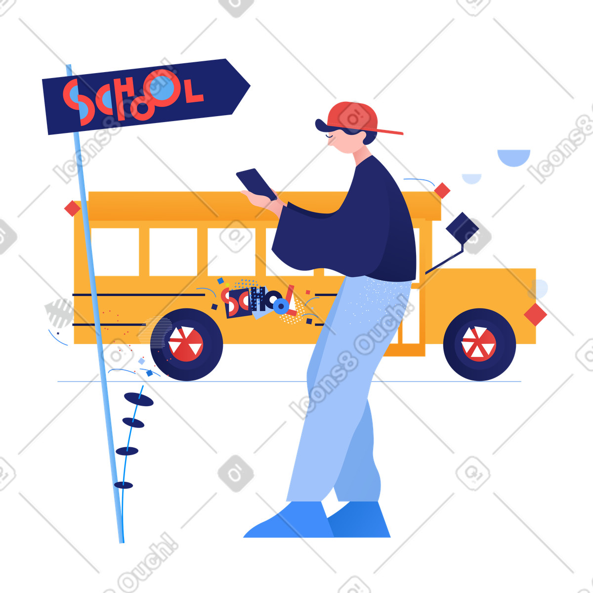 Ilustração de Student looking at smartphone's screen and school bus em no estilo Clip para baixar em PNG, SVG