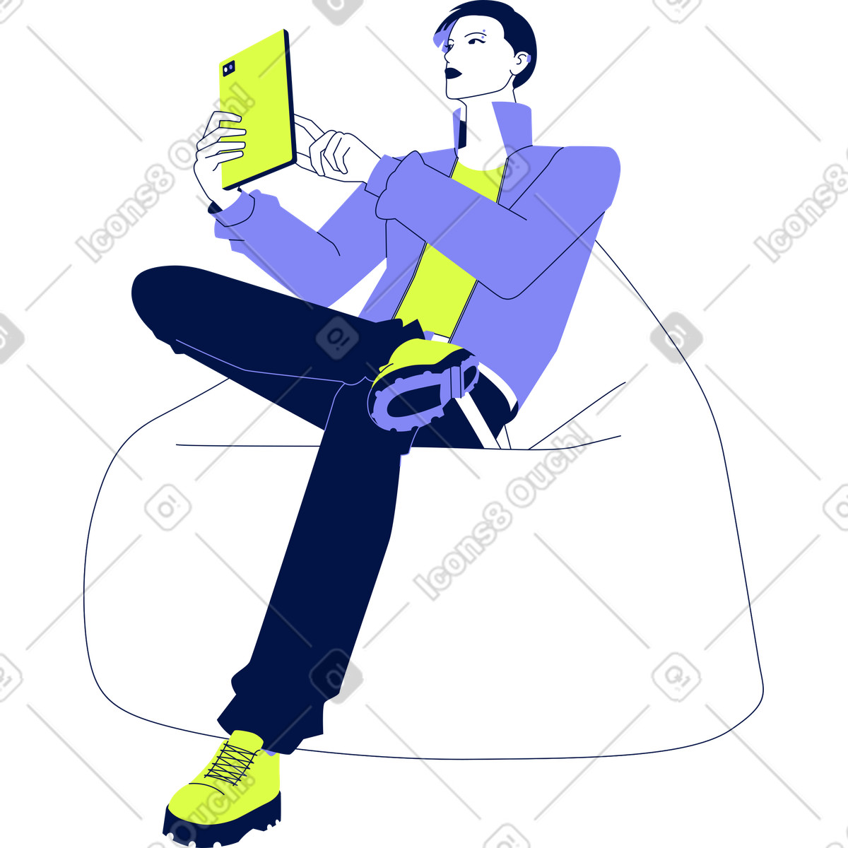 Giovane seduto in un pouf con gadget illustrazione stile Glow scarica PNG, SVG