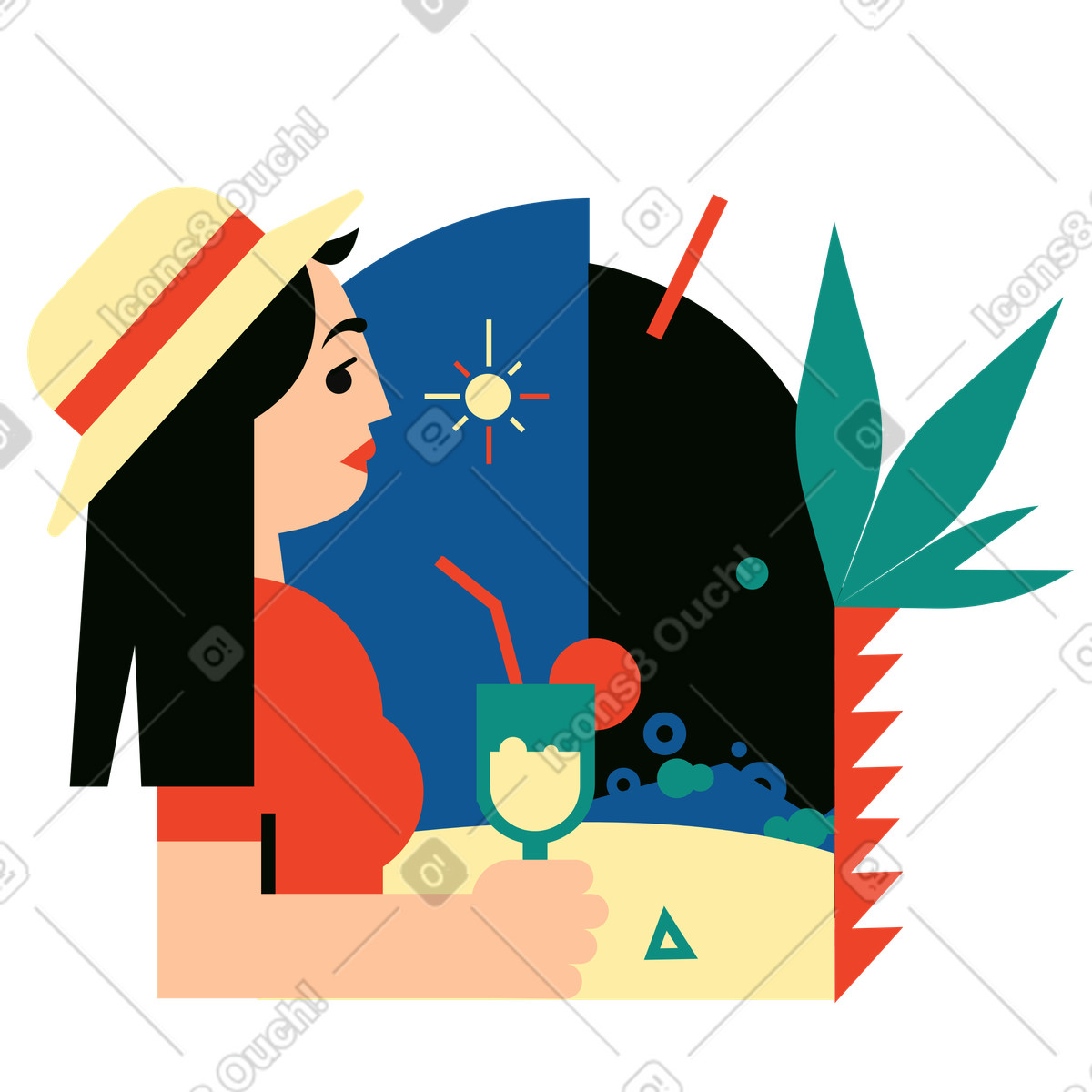 Donna in vacanza tropicale sorseggiando un cocktail illustrazione stile Polar scarica PNG, SVG