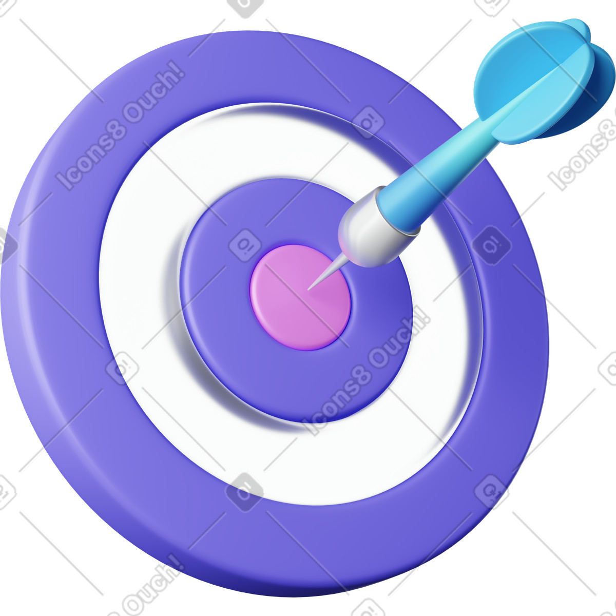 Illustration Target dart hitting bullseye symbolizing business goal achievement success dans le style 3D Playful à télécharger aux formats PNG, SVG
