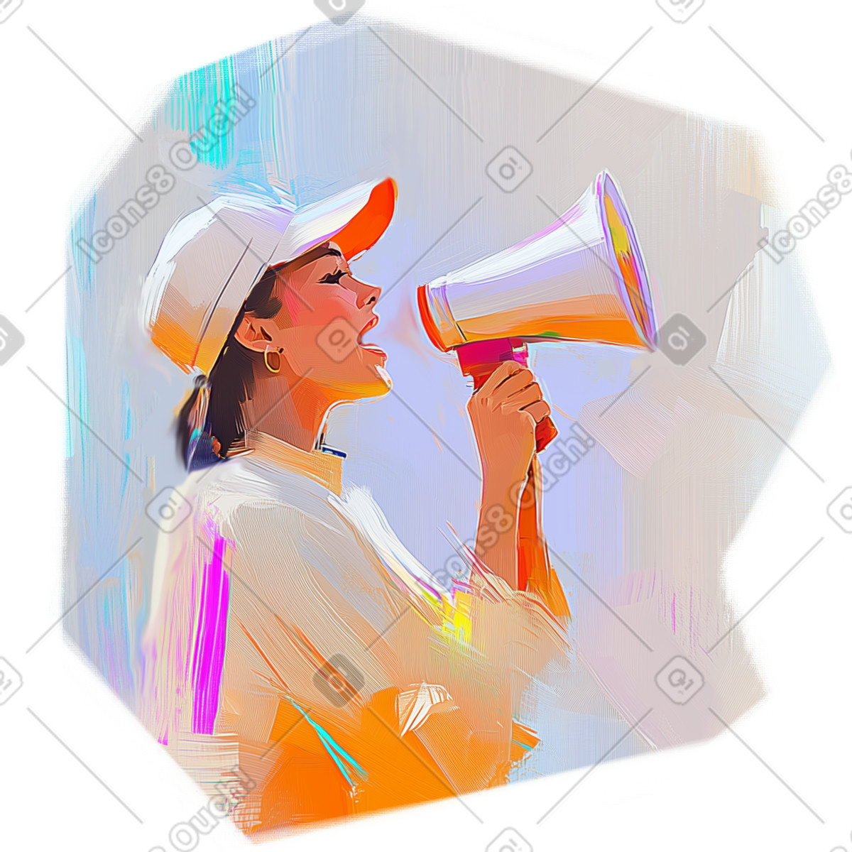 Ilustración Pintura al óleo de una mujer gritando por un megáfono en estilo Pictorial a descargar en PNG y SVG