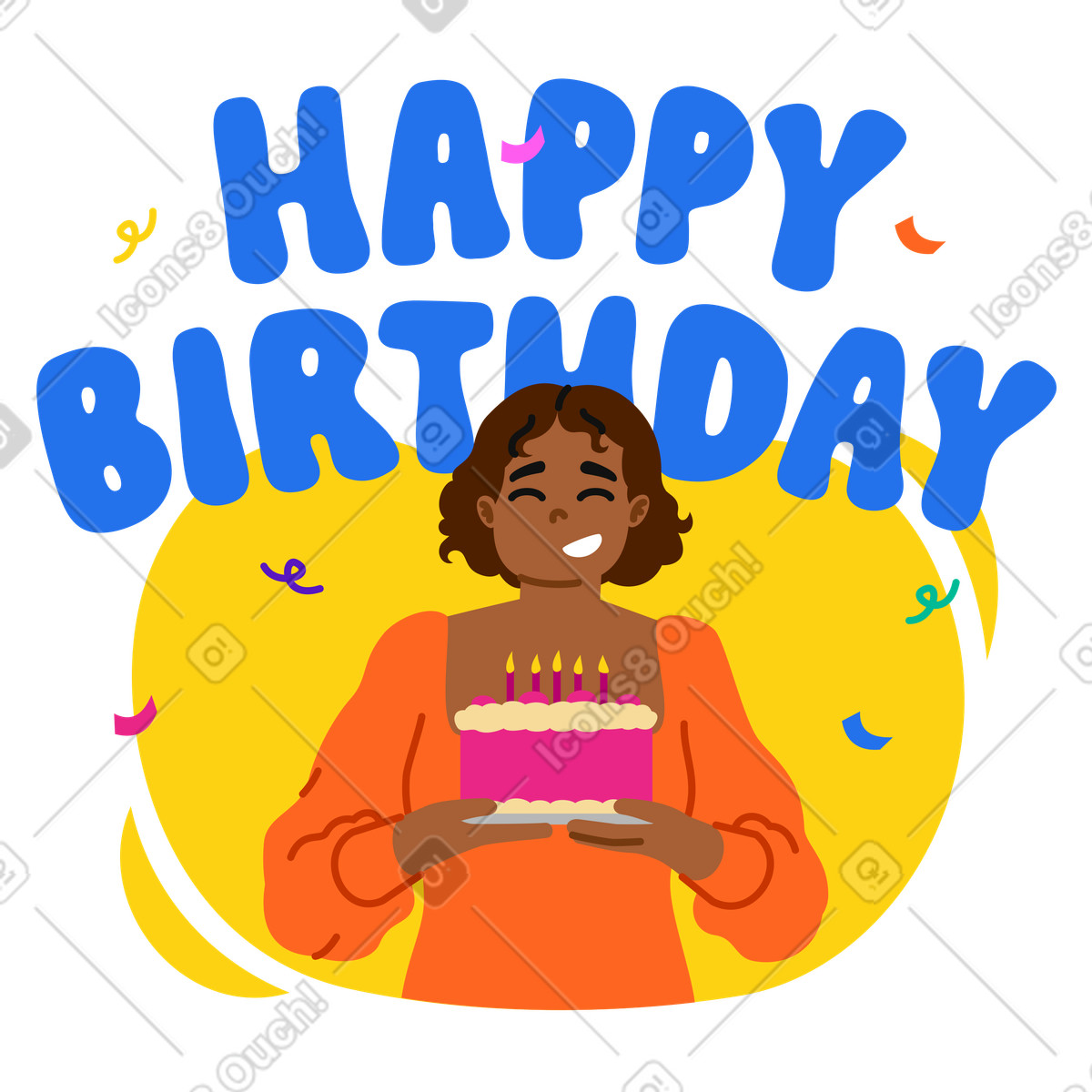 Happy birthday lettering above young woman with cake illustration in Active style download in PNG, SVG