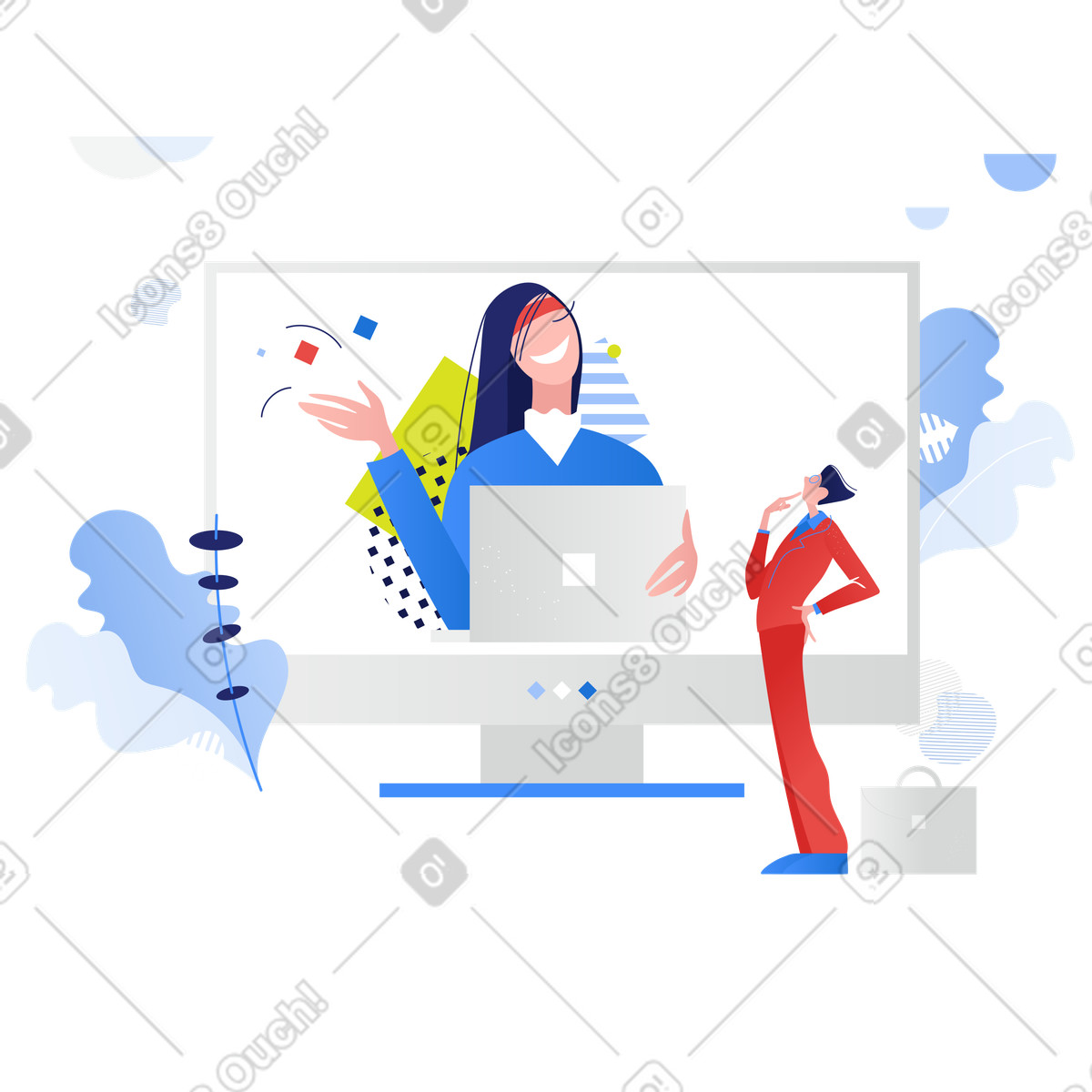 Illustration Superviseur en réunion internet avec un membre du personnel dans le style Clip à télécharger aux formats PNG, SVG