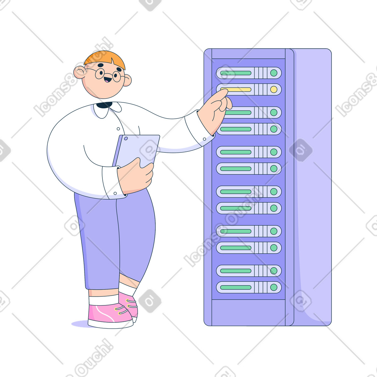 L'uomo con un tablet controlla il funzionamento del server illustrazione in stile Bubble gum scarica in PNG, SVG