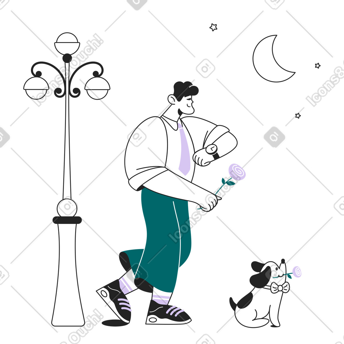 Guy and his dog are waiting for a girl on a date illustration in PNG, SVG