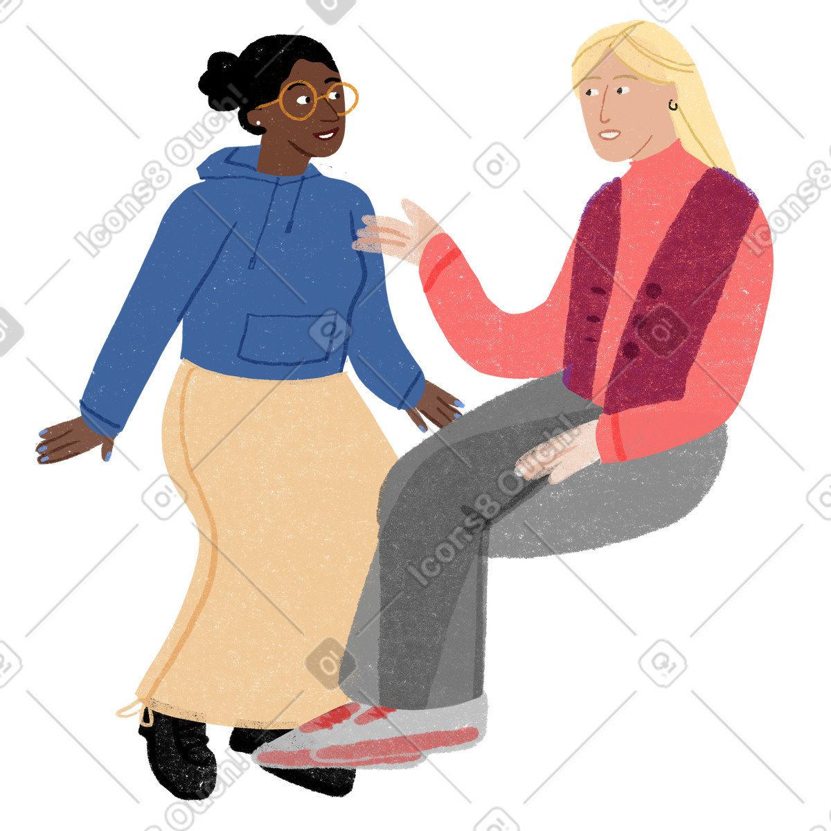 Coppia di giovani donne che conversano illustrazione in stile Public scarica in PNG, SVG