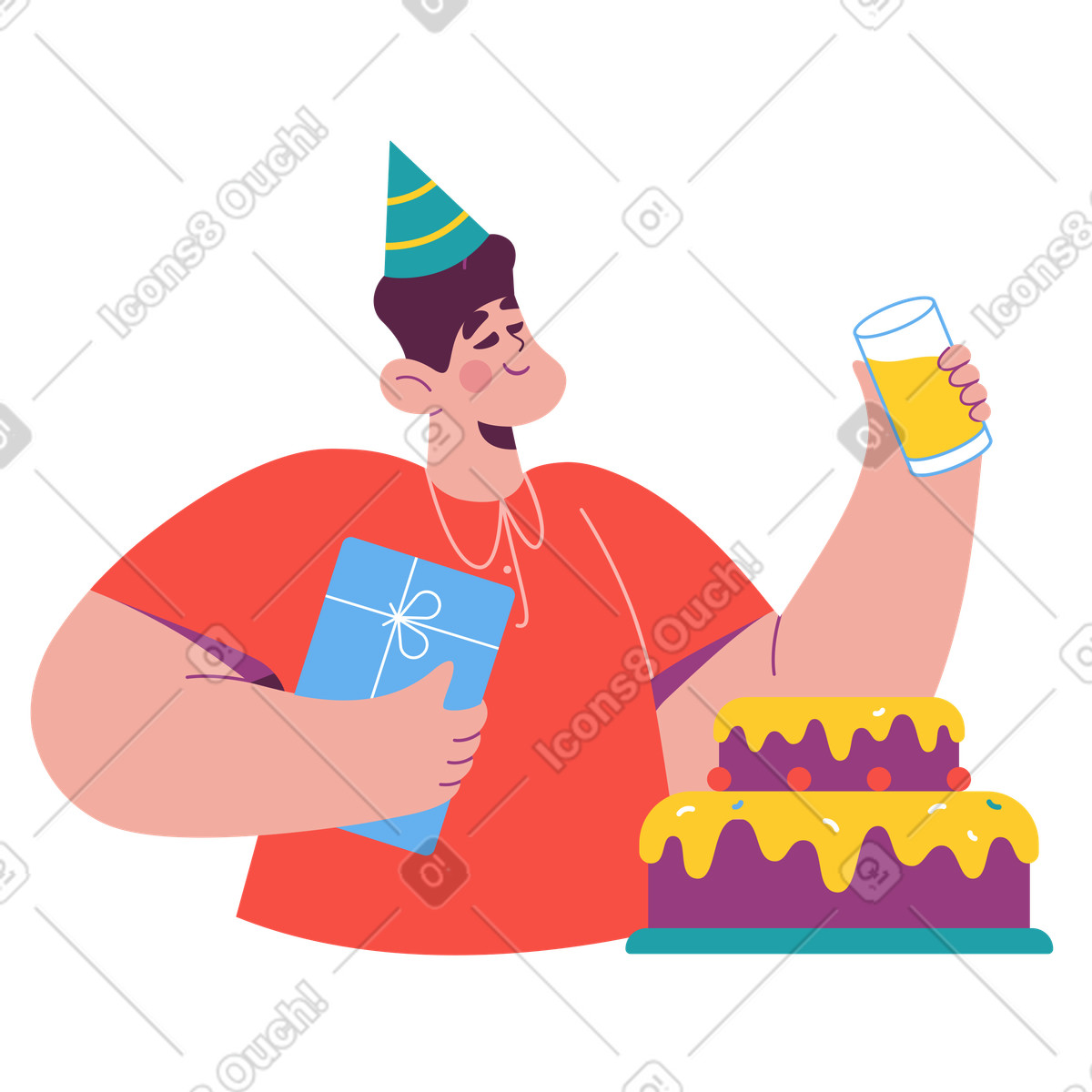 Illustration Person holding gift and drink beside cake, birthday celebration event dans le style Sammy à télécharger aux formats PNG, SVG
