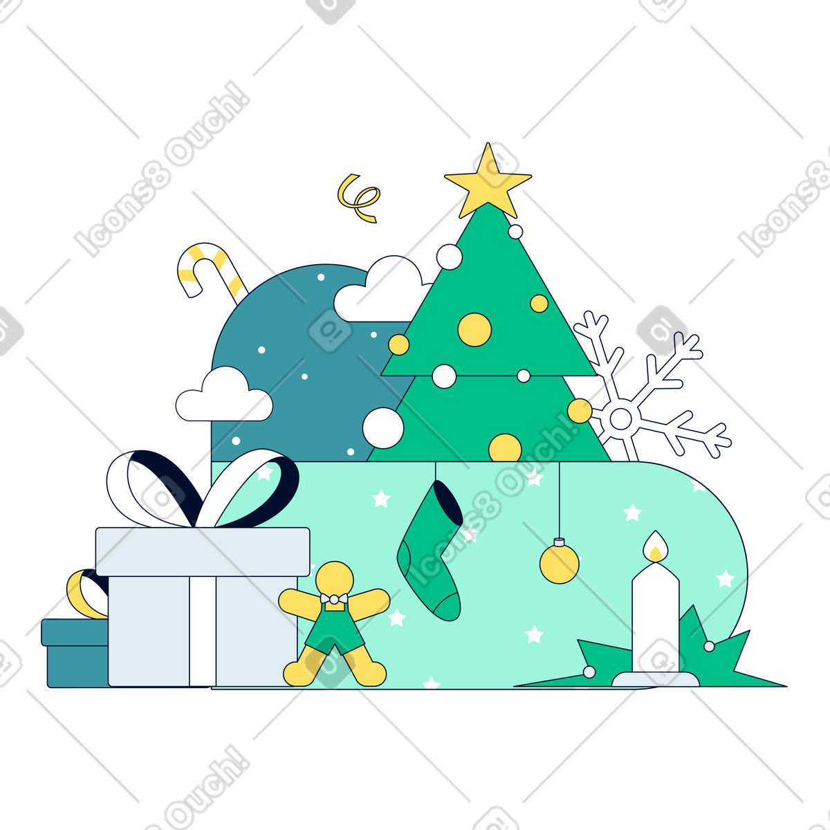 Christmas decorations, Holiday celebration and greeting illustration in Teal style download in PNG, SVG
