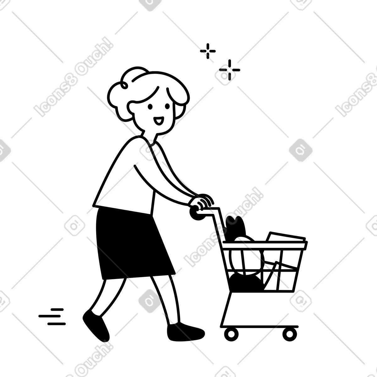Ilustración Shopping cart pushed by smiling shopper carrying groceries and packages en estilo Notion Line Art a descargar en PNG y SVG