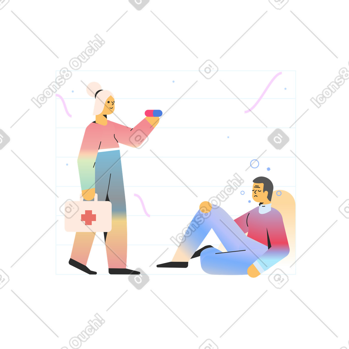 Doctor prescribing pills to sick patient illustration in Marginalia style download in PNG, SVG