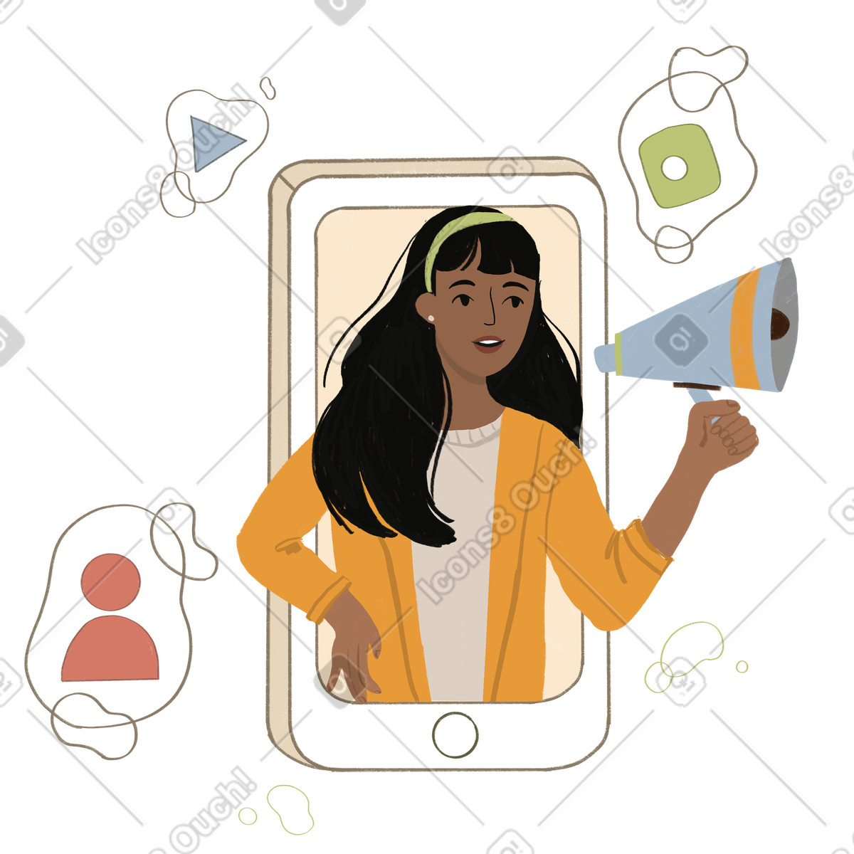 Girl with megaphone social media networking on a phone illustrazione in stile Lumiere scarica in PNG, SVG