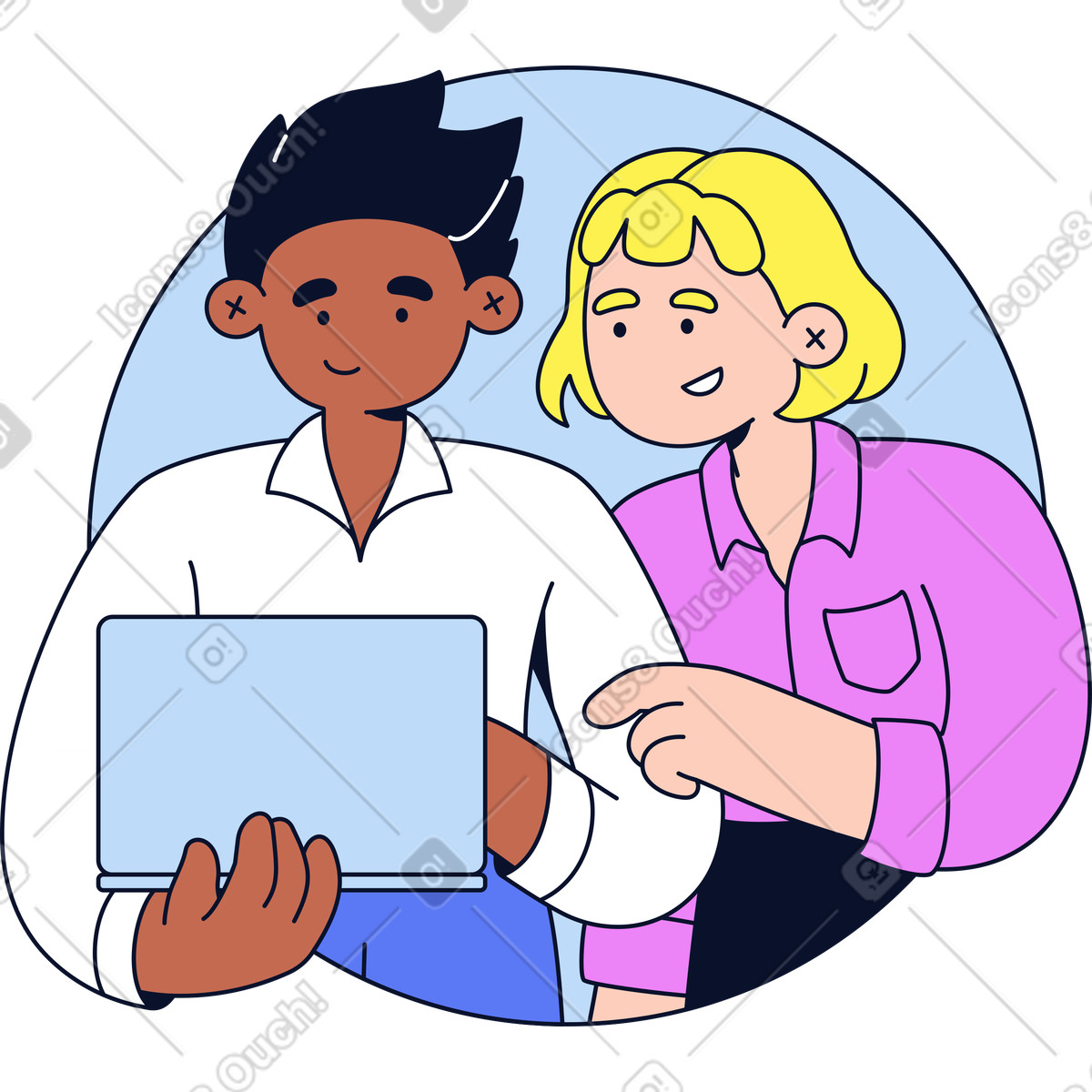 Ilustração de Jovem homem e mulher olhando para um laptop em no estilo Flexy baixar em PNG, SVG