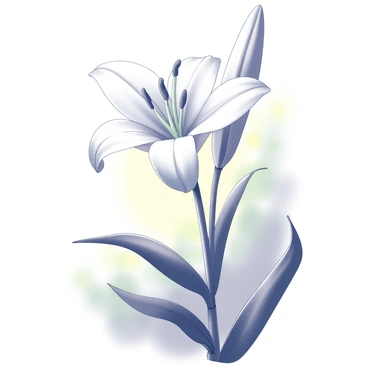 A single white lily stands tall, its petals gracefully unfurling. The flower occupies the center of the composition, showcasing its delicate structure with smooth, elongated petals that curve outward. Leaves with prominent veins frame the lily, adding depth to the scene. The background features soft, blurred greenery, creating a sense of tranquility. Light filters through, casting gentle shadows that highlight the lily's intricate details, emphasizing its elegant form as it absorbs the warm rays of the afternoon sun.