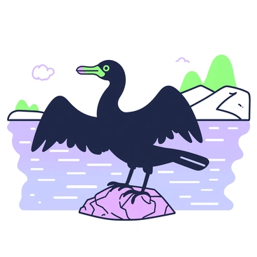 A cormorant is perched on a textured rock at the edge of a shimmering lake. The bird has its wings spread wide, showcasing its dark feathers as it dries. The surface of the lake reflects the surrounding environment, with gentle ripples indicating a slight breeze. In the background, there are outlines of distant trees and a clear sky. The cormorant's beak is slightly open, and its eyes are focused, creating a sense of alertness in the scene.