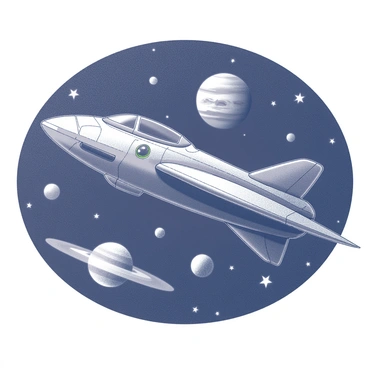 A vintage-style spacecraft is depicted soaring through space, showcasing intricate detailing and retro features. The spacecraft has a rounded body with fins and portholes, suggesting a classic design reminiscent of early science fiction illustrations. In the background, various unknown planets can be seen, each differing in size and shape, some featuring craters, others with swirling patterns and rings. The scene conveys a sense of exploration, with stars scattered across the dark expanse of space surrounding the spacecraft and planets.