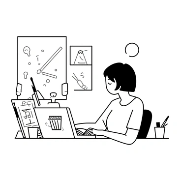 A freelancer working on a project from home, surrounded by art supplies and a laptop