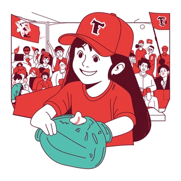 A young fan is sitting in the stands, proudly wearing a red team cap that features the team's logo prominently on the front. The fan has a bright smile on their face, showcasing their enthusiasm for the game. In their hands, they are holding a teal glove, ready to catch a ball. The stands are filled with other spectators in the background, some cheering and waving team flags. The atmosphere is lively and filled with excitement.