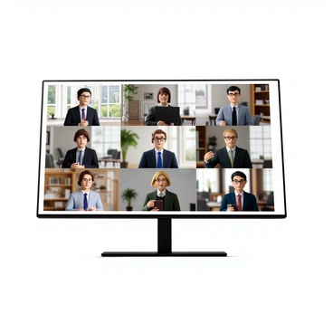 A group of directors participating in a virtual board meeting, with each director displayed on separate screens. The screens are arranged in a grid format on a large digital interface. Each director has a professional appearance, wearing business attire. They are seated in different environments, such as an office, a home study, and a conference room. The background of each screen shows elements typical of their respective locations, such as bookshelves, plants, or city views through windows. All directors are engaged in the discussion, with some taking notes and others gesturing as they speak. The main screen shows the meeting agenda displayed in a clear format.