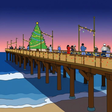 Santa Monica Pier is adorned with colorful twinkling Christmas lights, creating a festive atmosphere. The wooden structure of the pier stretches out over the water, with bright lights strung along the railings and above the walkways. A large Christmas tree, decorated with sparkling ornaments, stands at one end of the pier, surrounded by cheerful holiday decorations. Visitors are seen enjoying the scene, some taking photos, while others stroll along the pier, with the ocean waves gently lapping below. The sky is transitioning to a deep twilight, enhancing the glow of the lights.