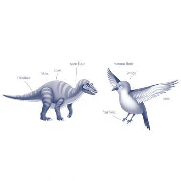A large, detailed illustration showing a side-by-side comparison of a dinosaur and a modern bird. On the left, a dinosaur with a robust body, scaly skin texture, and distinct features such as sharp claws and a long tail. On the right, a modern bird with sleek feathers, a beak, and slender wings. Each creature is positioned in a way that highlights their anatomical differences. Annotations are present, clearly labeling features such as "scales" for the dinosaur and "feathers" for the bird. Additional labels indicate "claws" and "wings" to further differentiate their physical characteristics. The overall layout is clean and informative, focusing on the educational aspect of the comparison.