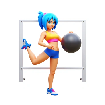 An anime character with vibrant blue hair, wearing a colorful workout outfit, is demonstrating Russian twists. The character is in a dynamic pose, with one leg elevated off the ground and the torso twisted to one side. The facial expression shows determination and focus. The character's hands are clasped together as they hold a large, stylized medicine ball, adding to the intensity of the exercise. The background features a minimalist gym environment, emphasizing the physical activity.