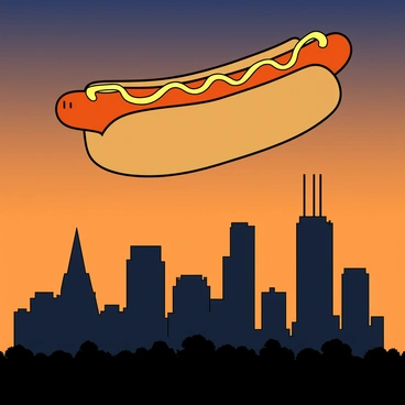 A cityscape of the Chicago skyline at dusk, featuring distinct tall buildings like the Willis Tower and John Hancock Center. The skyline is depicted as a dark silhouette against a gradient sky transitioning from orange to deep blue. Floating above the skyline is a giant cartoon-style hot dog, complete with mustard squiggled on top. The hot dog has a cheerful expression, with large, friendly eyes and a big smile. Below, the silhouettes of smaller buildings and trees can be faintly seen, adding depth to the scene.