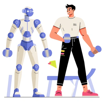 A futuristic robot with sleek, metallic surfaces and glowing blue accents is demonstrating a dumbbell chest press in a modern gym setting. The robot has articulated joints and a digital face display showing a focused expression. Next to the robot, a human with a muscular build is also performing the dumbbell chest press, wearing a fitted workout shirt and sweatpants. Both the robot and the human are using matching silver dumbbells. The gym has several exercise machines and colorful gym mats in the background.