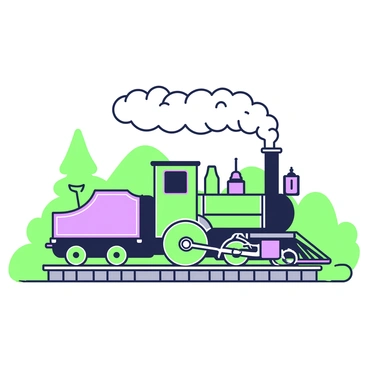 A vintage steam train is traveling along a railway track. The train features a classic design with large wheels and a prominent chimney. From the chimney, there is cloud-like steam billowing upwards, creating a sense of motion and nostalgia. The train's body has intricate details and reflects an era of craftsmanship. The surrounding landscape consists of rolling hills and scattered trees, enhancing the scene of this historic locomotive in action.