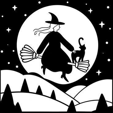 A witch wearing a flowing robe is flying over a moonlit landscape on a broomstick. The broomstick is depicted with detailed bristles and a wooden handle. The witch's hair streams behind her as she soars through the night sky. Below, a landscape features rolling hills and silhouetted trees against the bright full moon. A black cat is perched on the broomstick, with its tail curling elegantly in the wind. The scene is filled with stars twinkling in the night sky, enhancing the magical atmosphere.