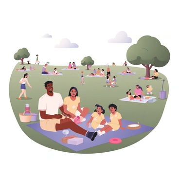 A digital flat illustration of a park filled with families enjoying picnics. In the foreground, a family consisting of a father, mother, and two children is sitting on a blue picnic blanket. The father has dark skin and is wearing a white T-shirt and khaki shorts. The mother has light skin and is wearing a yellow dress with white flowers. The children have curly hair and are playing with a red frisbee nearby. There are colorful picnic baskets and food items scattered on the blanket. In the background, other families are spread out on the grass, some playing games and others sitting on blankets. A few children are running and laughing, and there are trees with green leaves providing shade. The sky is clear with a few fluffy white clouds.