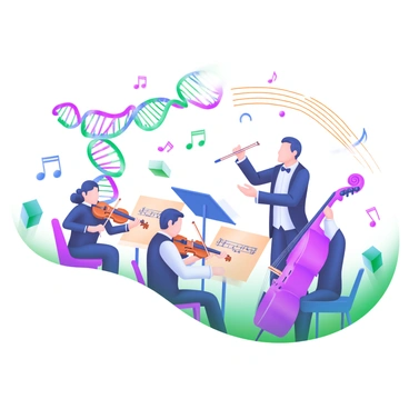 A symphony orchestra with musicians represented as "DNA polymerase enzymes" playing various instruments. The conductor, depicted as a large, stylized DNA double helix, guides the ensemble. The musicians are engaged with instruments mimicking DNA components, such as a violin shaped like a nucleotide and a cello resembling a sugar-phosphate backbone. The stage is adorned with sheet music featuring genetic sequences, and musical notes visually transform into strands of DNA as they rise into the air, creating the sense of a "genetic melody." The overall atmosphere conveys harmony and creativity in a biological context.
