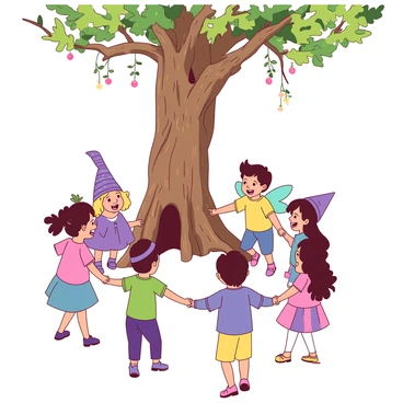 A group of children, each wearing colorful clothing, are holding hands in a circle around a tall, whimsical tree known as the "Magic Faraway Tree." Among the children are various magical creatures, including a small turquoise fairy with glittering wings and a purple gnome wearing a pointed hat. The tree has an intricate trunk with vibrant leaves and sparkling fruits hanging from its branches. The children are smiling and laughing, creating a joyful atmosphere as they share this enchanting moment together.