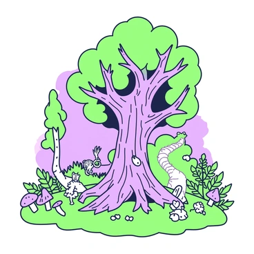 A fairy tale forest filled with various trees, their trunks twisting and branches arching gracefully. At the center, there is a large, ancient tree with an intricate bark pattern and vibrant foliage. Around the base of the tree, small magical creatures are scattered, including a tiny dragon with glittering scales and a group of playful fairies with delicate wings. The ground is covered in soft, lush moss and dotted with glowing mushrooms, emitting a gentle light. In the background, a winding path leads deeper into the woods, flanked by ferns and wildflowers. A soft mist weaves through the trees, adding an ethereal quality to the scene.