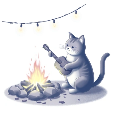 A ragdoll cat is sitting next to a campfire, which has bright flames and glowing embers. The cat is holding a guitar, with its paws positioned on the strings as if it is playing music. The campfire is surrounded by rocks, and the ground is covered with scattered leaves and twigs. Above the scene, there are several twinkling fairy lights strung between nearby trees, casting a soft illumination. The overall composition shows a warm and inviting atmosphere, with the cat appearing focused on its performance.