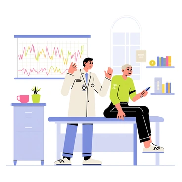 A doctor wearing a white coat stands next to a patient sitting on an examination table in a brightly lit consultation room. The doctor is pointing to a large chart on the wall displaying various heart rate graphs with colorful lines and labels. The patient, a middle-aged person with short hair, appears attentive while holding a notepad. There are medical posters on the walls and a small shelf with medical books and a stethoscope nearby. A window allows sunlight to stream in, creating a welcoming atmosphere.