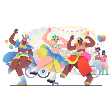 A vibrant carnival scene features several dancers in elaborate costumes. The dancers are adorned with colorful feathers and sequins that glisten in the sunlight. One dancer wears a striking blue and gold costume, while another is dressed in a bright red outfit with intricate beadwork. The dancers are mid-movement, showcasing energetic poses, with their arms raised and feet in motion. Surrounding them are festive decorations such as balloons and streamers in a variety of colors. In the background, a parade float decorated with flowers and lights adds to the lively atmosphere. The scene is filled with excitement as spectators cheer and enjoy the celebration.