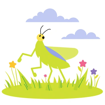 A grasshopper with vibrant green wings is dancing joyfully in a grassy meadow. The grasshopper is positioned in the center of the scene, with its legs lifted in a lively pose. Surrounding the grasshopper, the meadow is filled with lush green grass and colorful wildflowers in shades of yellow, purple, and pink. In the background, a bright blue sky stretches overhead, dotted with fluffy white clouds. Sunlight casts cheerful highlights on the grass, enhancing the joyful atmosphere of the summer day.