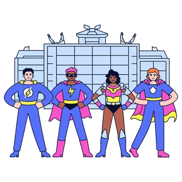 A team of superheroes stands in a dynamic pose, showcasing their unique costumes and equipment. Each superhero has a distinct design: one has a blue suit with a lightning bolt emblem, while another wears a red cape and a mask, and a third features robotic arms and glowing accents. They display confidence and strength. Behind them is a sleek, high-tech headquarters with large glass windows and metallic structures. The building is futuristic in design, featuring antennas and illuminated details that highlight its advanced technology. The scene captures a sense of camaraderie and readiness for action.