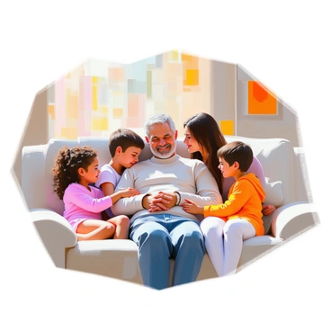 A family sitting together on a comfortable couch in a cozy living room, surrounding a middle-aged man who is resting and looking appreciative. The man has light skin and is wearing a soft sweater, showing signs of affection and support. Two children, a boy with dark hair and a girl with curly hair, are seated on either side, both smiling reassuringly. The mother, with long brown hair, is leaning in close, holding the man's hand gently. In the background, there are family photos on the walls and a warm, inviting atmosphere in the room, symbolizing love and support.