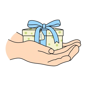 A pair of hands with light skin gently cradling a small square gift. The gift is wrapped in soft pastel-colored paper featuring delicate floral patterns. A light blue ribbon is elegantly tied around the box, with the ends resting gracefully. The hands are positioned in front of a simple background, highlighting the significance of the gift. A small tag is visible, attached to the ribbon, that reads "For the Baptism" in a charming font.