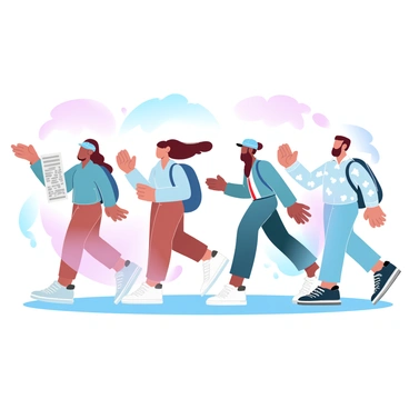 A diverse group of individuals is walking side by side, engaged in animated conversation. One person is holding a folded map, while another is gesturing enthusiastically with their hands. A woman is carrying a backpack, and a man is wearing a baseball cap. Colorful clothing adds vibrancy to the scene, with various patterns and styles represented. The background is filled with gentle hues, creating a warm atmosphere.