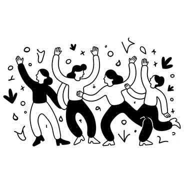 A group of joyful figures dancing together in celebration, arms raised high and bodies in dynamic poses. The figures are intertwined, showcasing various dance moves, with flowing garments that accentuate their movements. Around them, swirling patterns and shapes hint at the energy of the celebration. The background is filled with abstract forms that evoke a lively atmosphere, emphasizing the spirit of togetherness and joy.