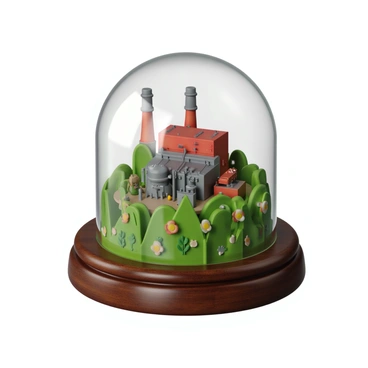 A tiny model of a factory, complete with miniature smokestacks and detailed machinery, is encased inside a clear glass dome. The factory model features vibrant colors, including red and gray elements, and small figures operating the machinery. Surrounding the dome is a lush landscape of greenery, with various shades of green representing grass and leaves. Small flowers add pops of color among the foliage. The dome sits on a wooden base, enhancing the natural aesthetic of the scene.