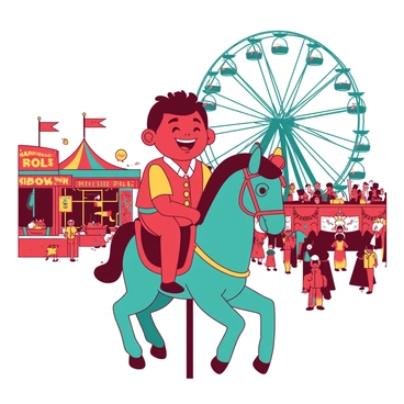 A red cartoon character resembling Vadivelu is smiling widely while riding a vibrant teal carousel. The character is dressed in a colorful outfit with playful patterns, and their hair is styled in a distinctive manner. Surrounding the carousel, there are various carnival games with colorful stalls, each adorned with bright banners and lights. In the background, a teal ferris wheel spins slowly, illuminated by bright lights. Crowds of people can be seen enjoying their time at the carnival, adding to the lively atmosphere.
