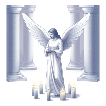 An angel stands gracefully in a tranquil sanctuary. The angel has large, feathered wings that are elegantly spread outward. The figure is adorned in flowing white robes that gently cascade to the ground. Surrounding the angel, there is a circle of lit candles, each flame flickering softly. The sanctuary features stone walls and a high ceiling, with soft light filtering in from above. The atmosphere is calm, enhancing the serene presence of the angel amidst the glowing candles.