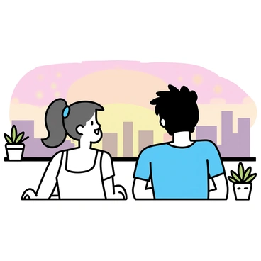 Two best friends are sitting on a rooftop, overlooking a cityscape during sunset. One friend, with short black hair, is wearing a light blue t-shirt and is leaning back on his hands, smiling. The other friend, with long brown hair tied in a ponytail, is wearing a white tank top and looking at the horizon. The sky is filled with warm hues of orange and pink as the sun sets, casting soft shadows around them. They are surrounded by a few potted plants, creating a cozy atmosphere on the rooftop.