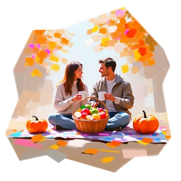 A couple sitting on a checkered blanket surrounded by vibrant autumn foliage. They are sharing a basket filled with fruits and sandwiches, while holding warm drinks in ceramic mugs. The woman has long, wavy hair and is wearing a cozy sweater, while the man has short hair and is dressed in a casual jacket. Leaves in shades of red, orange, and yellow surround them, creating a picturesque scene. A gentle breeze rustles the leaves above, and a few scattered pumpkins are visible nearby. The couple is smiling and enjoying each other's company in this serene outdoor setting.