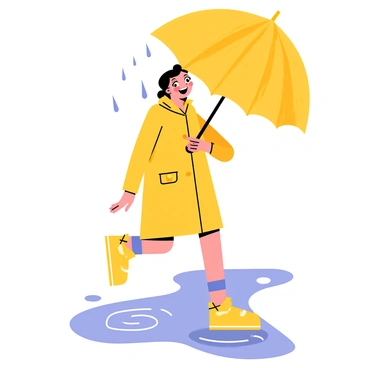 A woman wearing a bright yellow raincoat is joyfully holding a large umbrella, which is also yellow with a matching pattern. She is splashing through large puddles on a wet sidewalk. Raindrops are visibly falling around her, creating ripples in the puddles. Her face displays an expression of delight as she enjoys the rainy day. The ground is shiny and reflects the vibrant colors of her raincoat and umbrella.