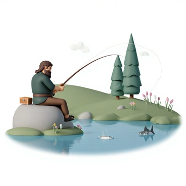 Gimli, a stout dwarf with a braided brown beard and wearing a dark green tunic and brown trousers, is sitting on a large gray rock by a peaceful riverside. He is focused on casting his fishing rod into the gently flowing water. The river is surrounded by lush green grass and a few colorful wildflowers. In the background, there are tall trees with sunlight filtering through the leaves, creating dappled shadows on the ground. A small wooden tackle box sits next to him, and a couple of fish are visible splashing near the water's surface.